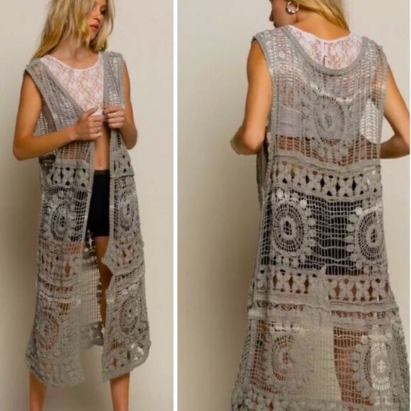 Open Crocheted Layering Maxi Duster Vest - Picture 2 of 7